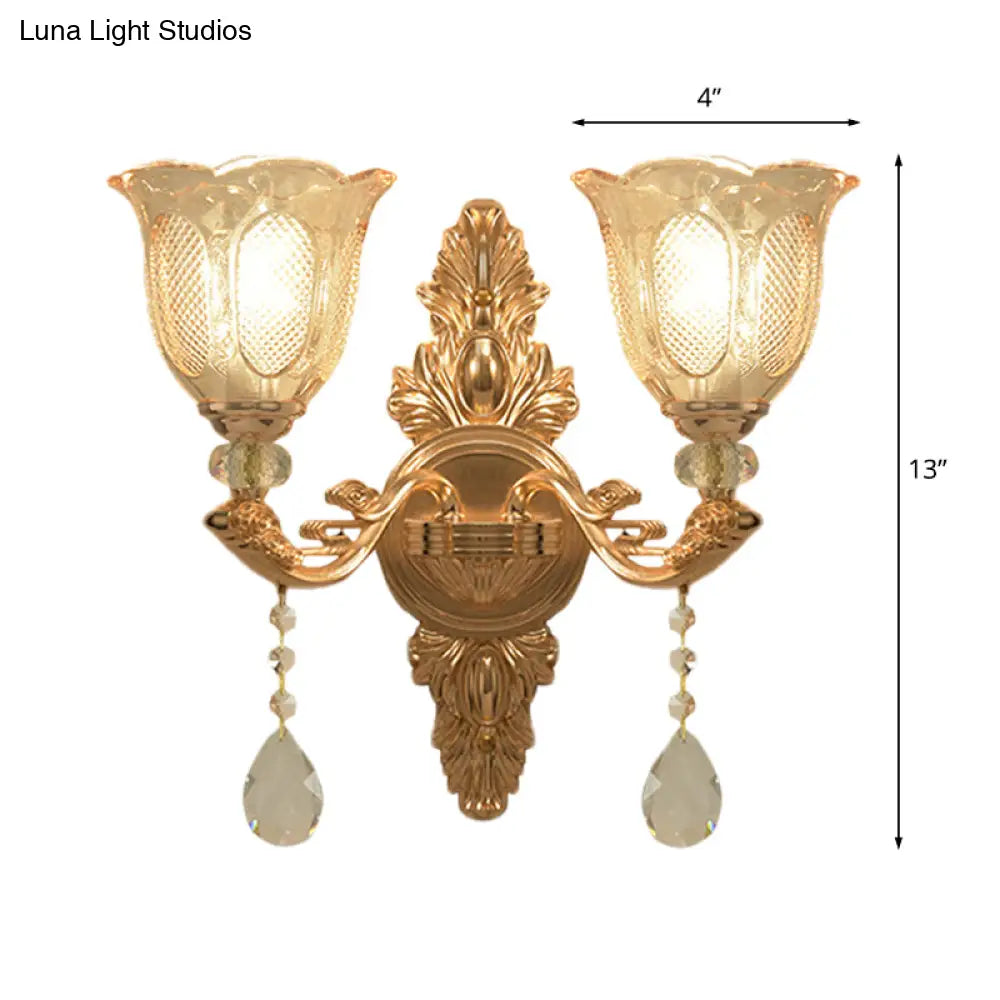 Gold Countryside Carved Glass Wall Sconce Light Fixture - 1/2-Light Scalloped Design