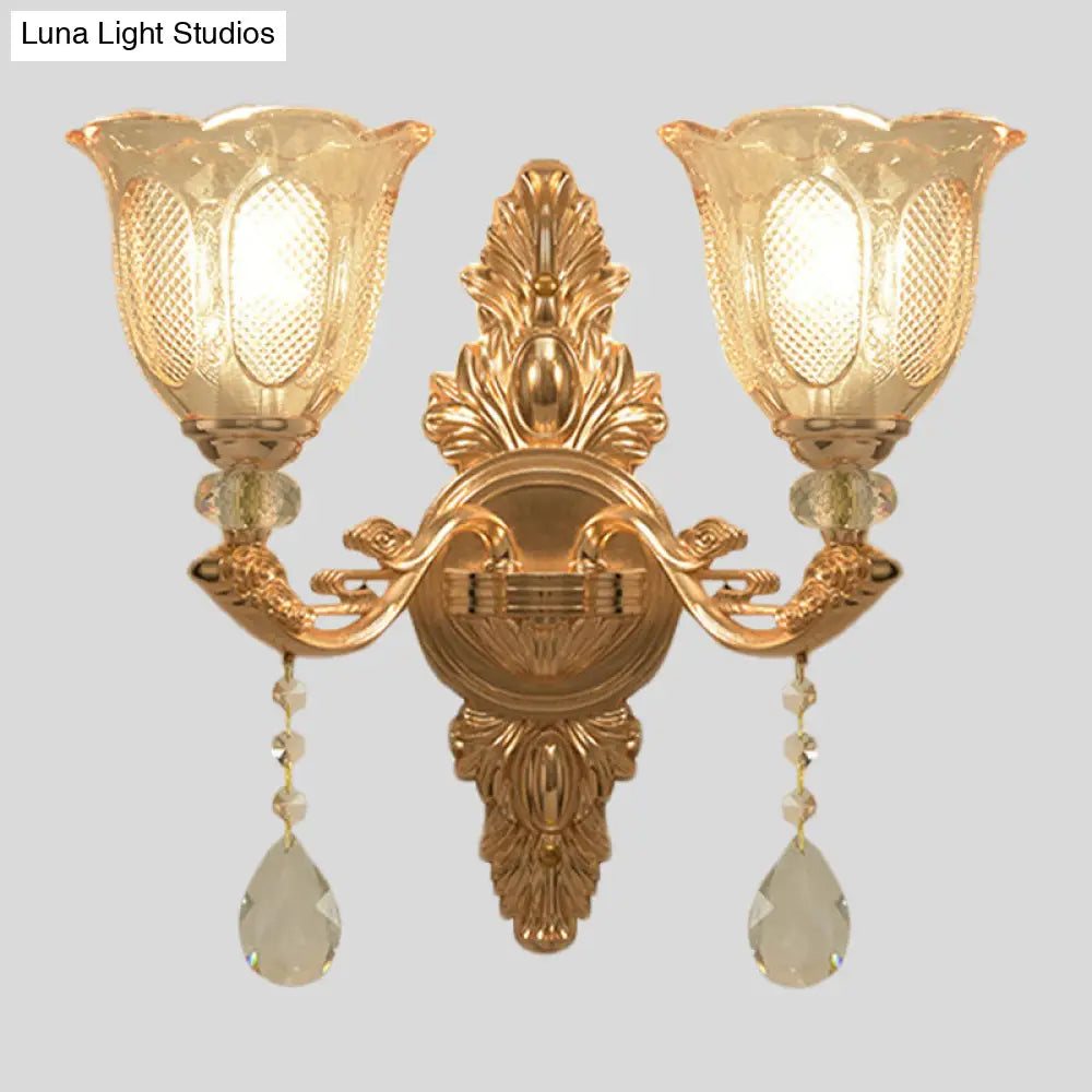 Gold Countryside Carved Glass Wall Sconce Light Fixture - 1/2-Light Scalloped Design