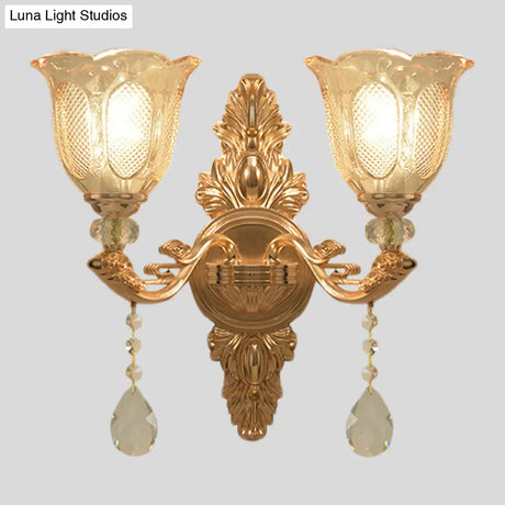 Gold Countryside Carved Glass Wall Sconce Light Fixture - 1/2-Light Scalloped Design