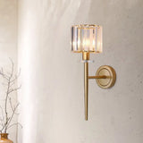 Gold Crystal Block Wall Sconce With Iron Pencil Arm - Cylindrical Design 1 Light Fixture
