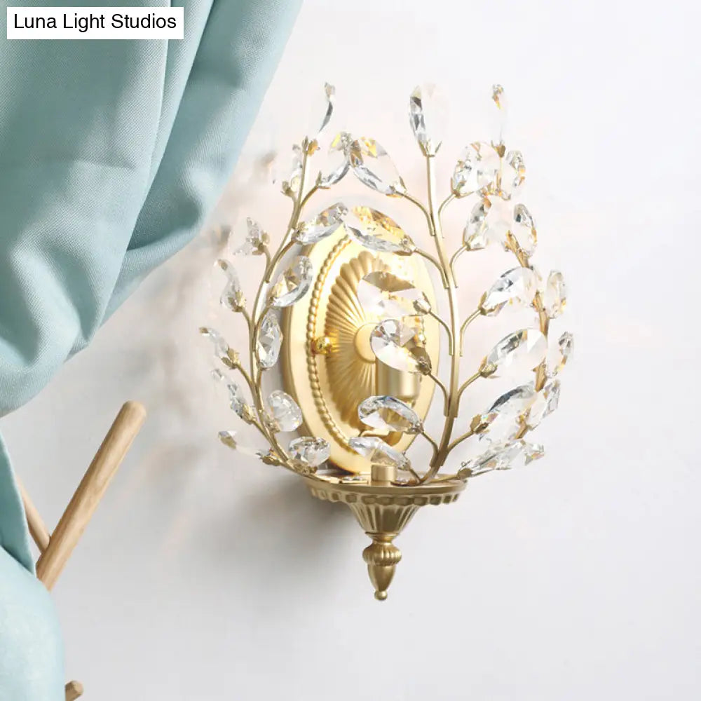 Gold Crystal Branch Wall Sconce For Countryside Living Room - 1 Head Lamp
