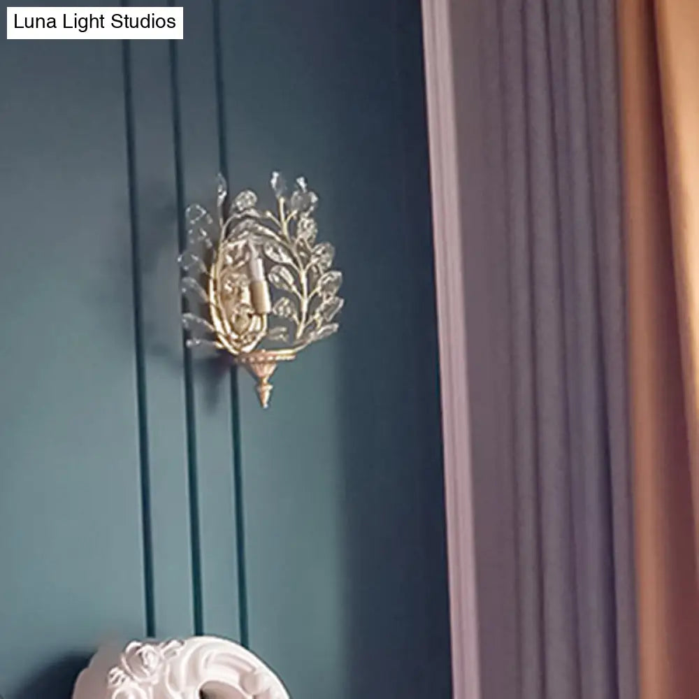 Gold Crystal Branch Wall Sconce For Countryside Living Room - 1 Head Lamp