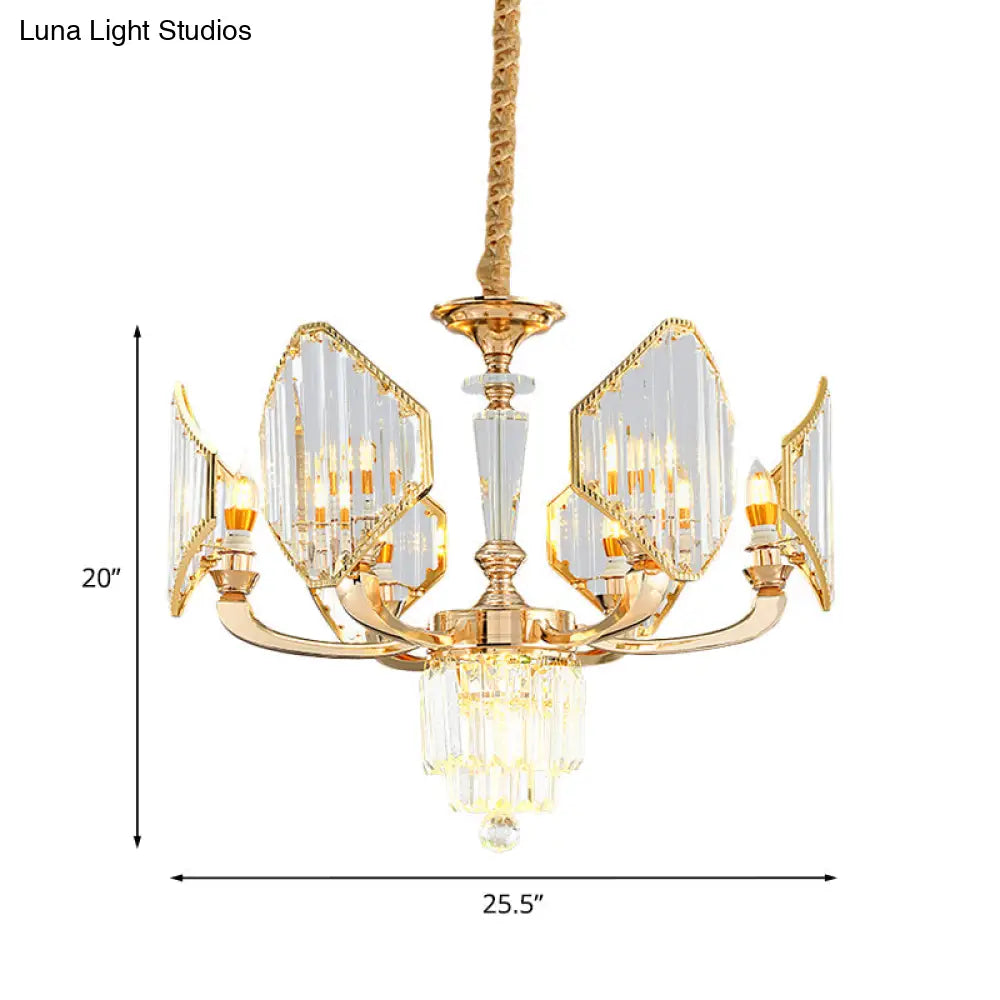 Gold Crystal Ceiling Chandelier - 6-Bulb Rhombus Paneled Pendant Light In Postmodern Style