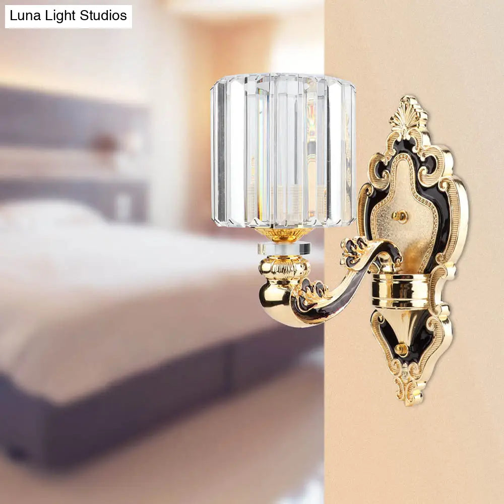 Gold Crystal Cylinder Sconce Light - Rectangular-Cut Contemporary Bedroom Wall Mount