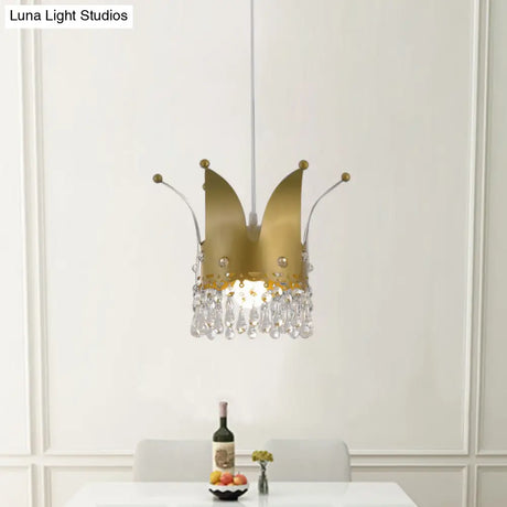 Gold Crystal Drop Modernist Crown Hanging Lamp - Bedroom Down Lighting With 1 Bulb