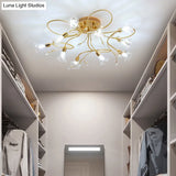 Gold Crystal Floral Semi Flush Mount Modern Ceiling Lighting For Living Room - 10/15 Heads