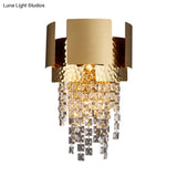 Gold Crystal Led Wall Sconce With 2 Cascading Bulbs For Traditional Bedroom Lighting