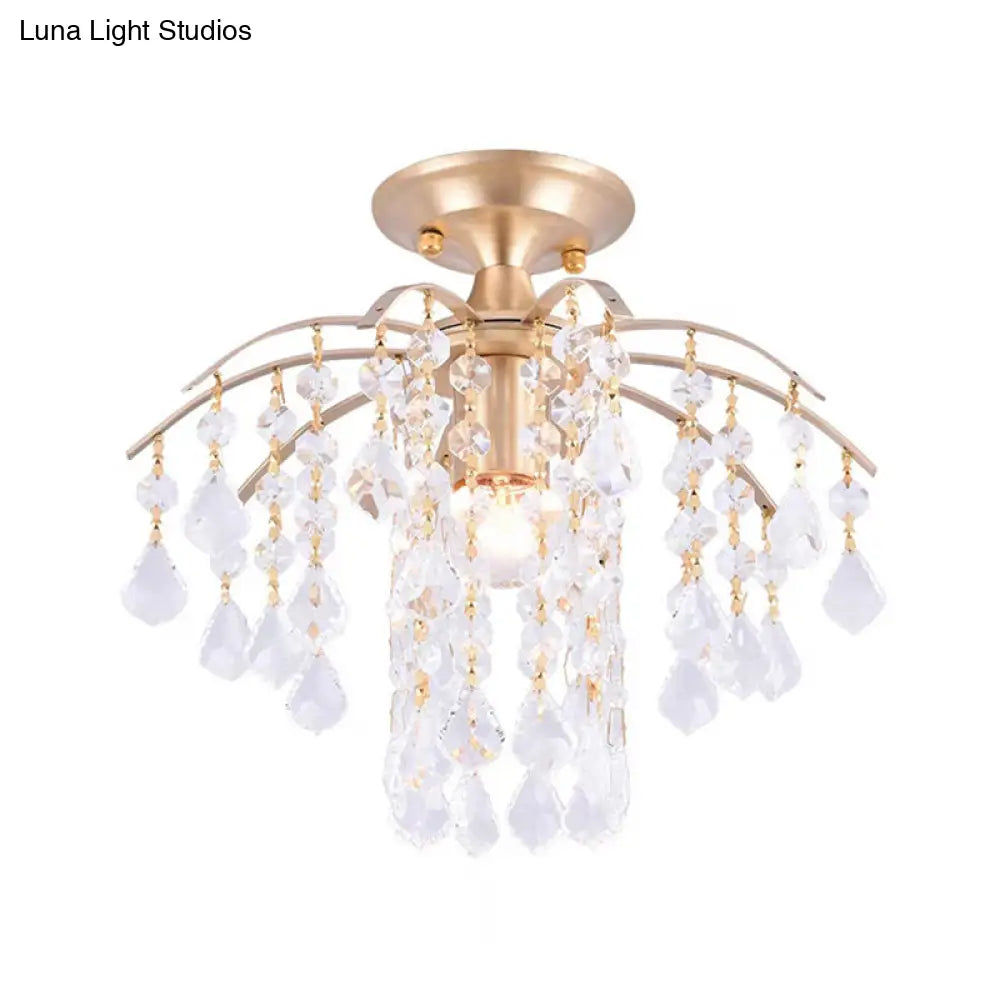 Gold Crystal Semi Flush Mount Ceiling Light With Modern Cascade Design And 1 For Corridors