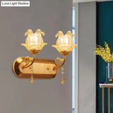 Gold Crystal Wall Lamp With Curved Arm - Simplicity Blossom 1/2-Light Fixture