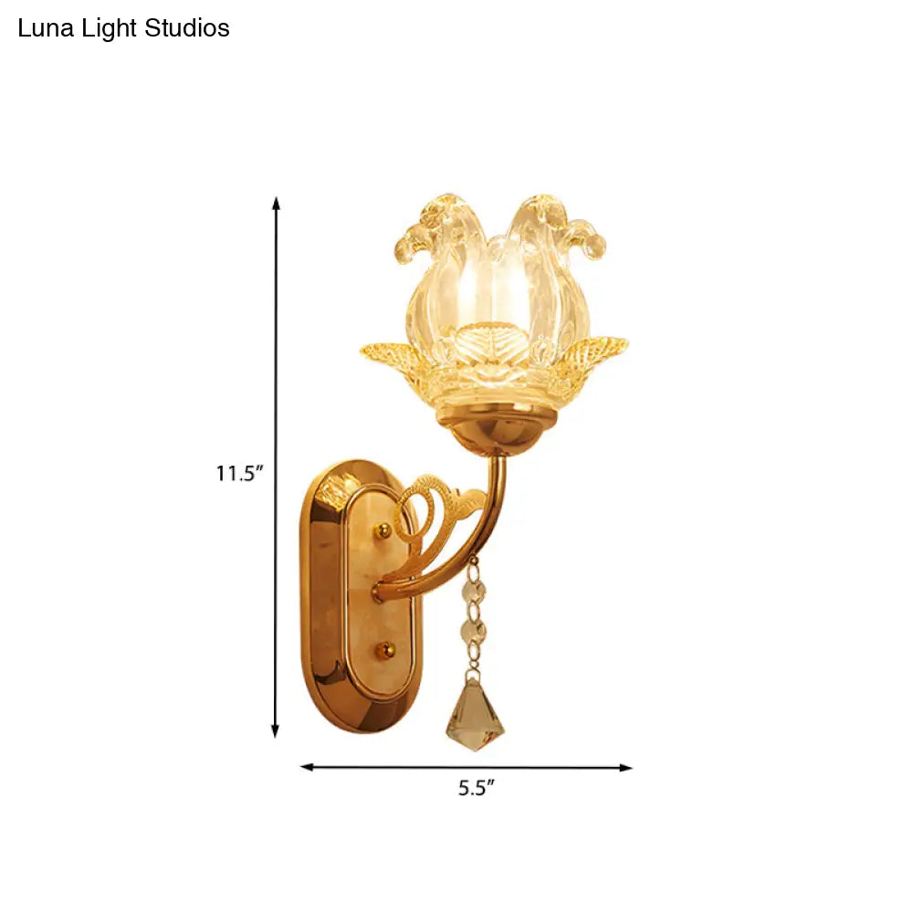 Gold Crystal Wall Lamp With Curved Arm - Simplicity Blossom 1/2-Light Fixture