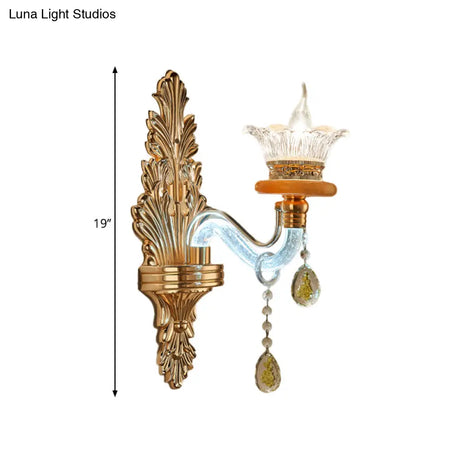 Gold Crystal Wall Sconce Lamp: Traditional Curved Arm Design - Single Bulb Light Fixture