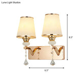 Gold Crystal Wall Sconce With Conical Shades - 2 Bulb Contemporary Mount Light