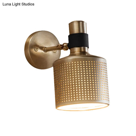 Gold Cylinder Bedroom Wall Lamp - Metal Sconce With Cutout Design