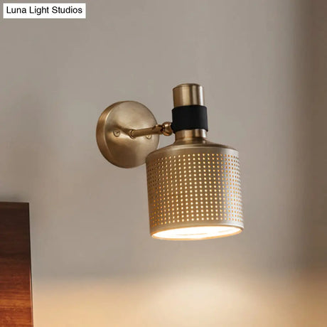 Gold Cylinder Bedroom Wall Lamp - Metal Sconce With Cutout Design
