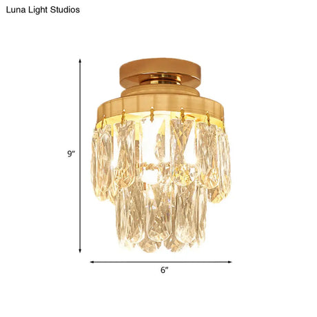 Gold Cylinder Pinecone Foyer Ceiling Lamp - Simple Crystal Design With Semi-Flush Mount 1 Bulb
