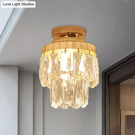 Gold Cylinder Pinecone Foyer Ceiling Lamp - Simple Crystal Design With Semi-Flush Mount 1 Bulb