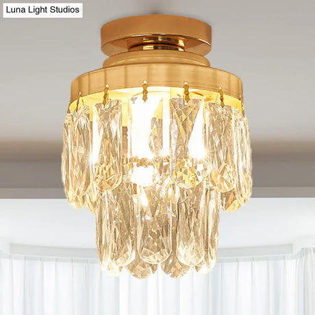 Gold Cylinder Pinecone Foyer Ceiling Lamp - Simple Crystal Design With Semi-Flush Mount 1 Bulb