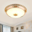 Gold Domed Ceiling Flush Led Bedroom Light With Carved Flower - Traditional Opaque Glass 3 Width