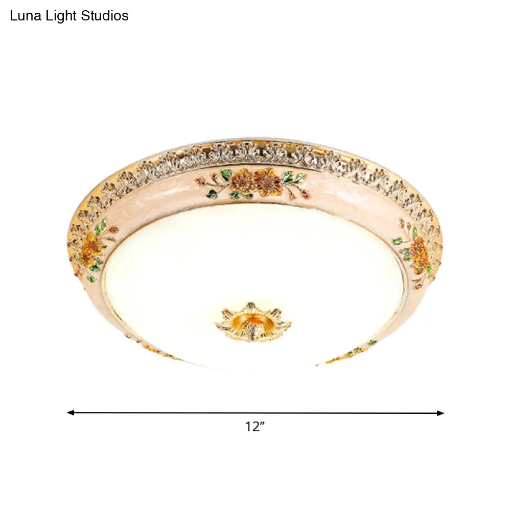 Gold Domed Ceiling Flush Led Bedroom Light With Carved Flower - Traditional Opaque Glass 3 Width
