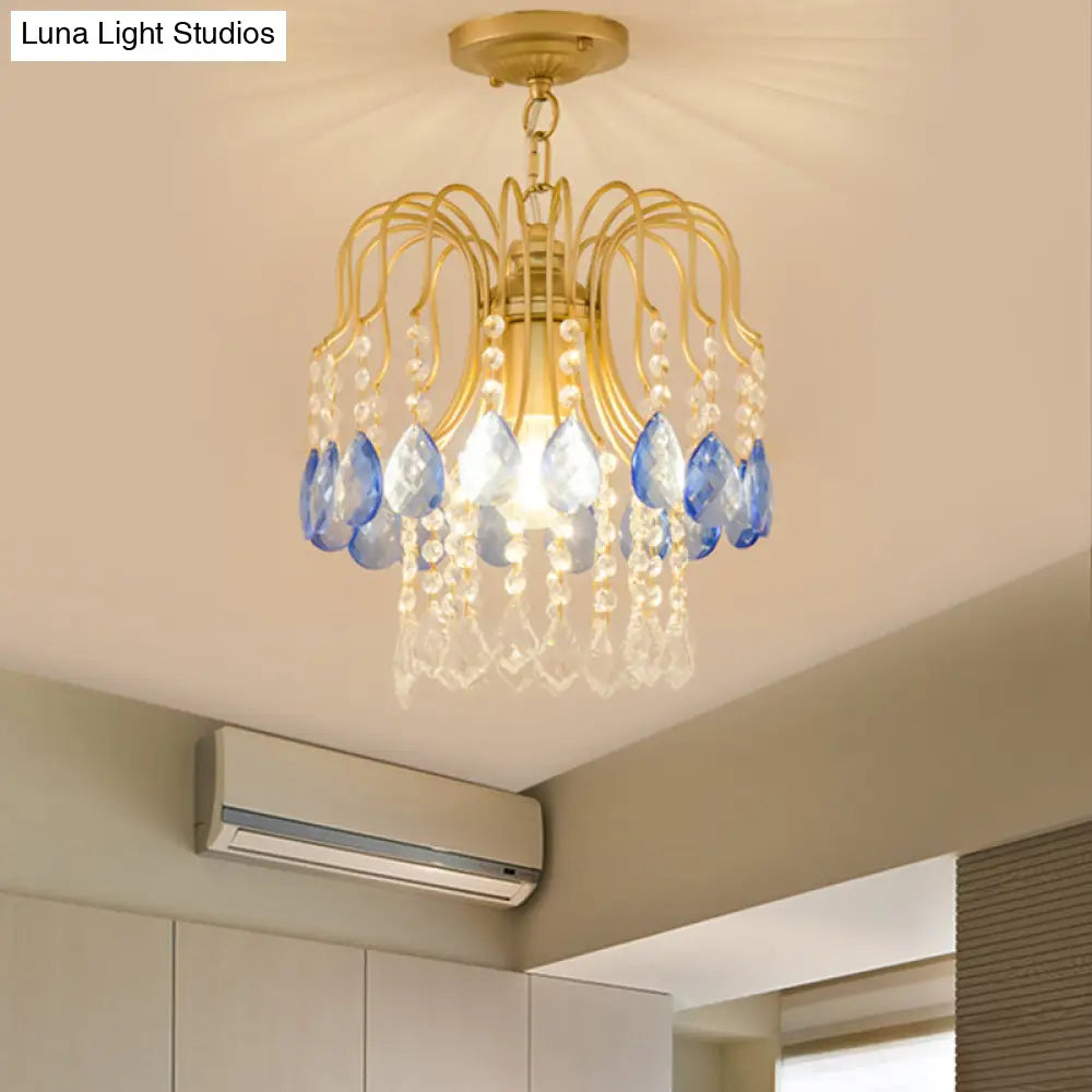 Gold Double - Layered Crystal Ceiling Mount Light Fixture - Modern Semi Flush Design