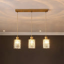 Gold Faceted Crystal Cylinder Pendant With Clear Glass Shades - Modernist Multi-Light Hanging Lamp