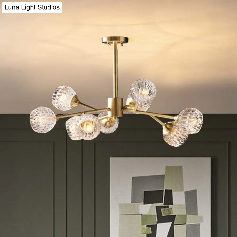 Gold Finish Chandelier With Metallic Branch Design And Clear Crystal Shade