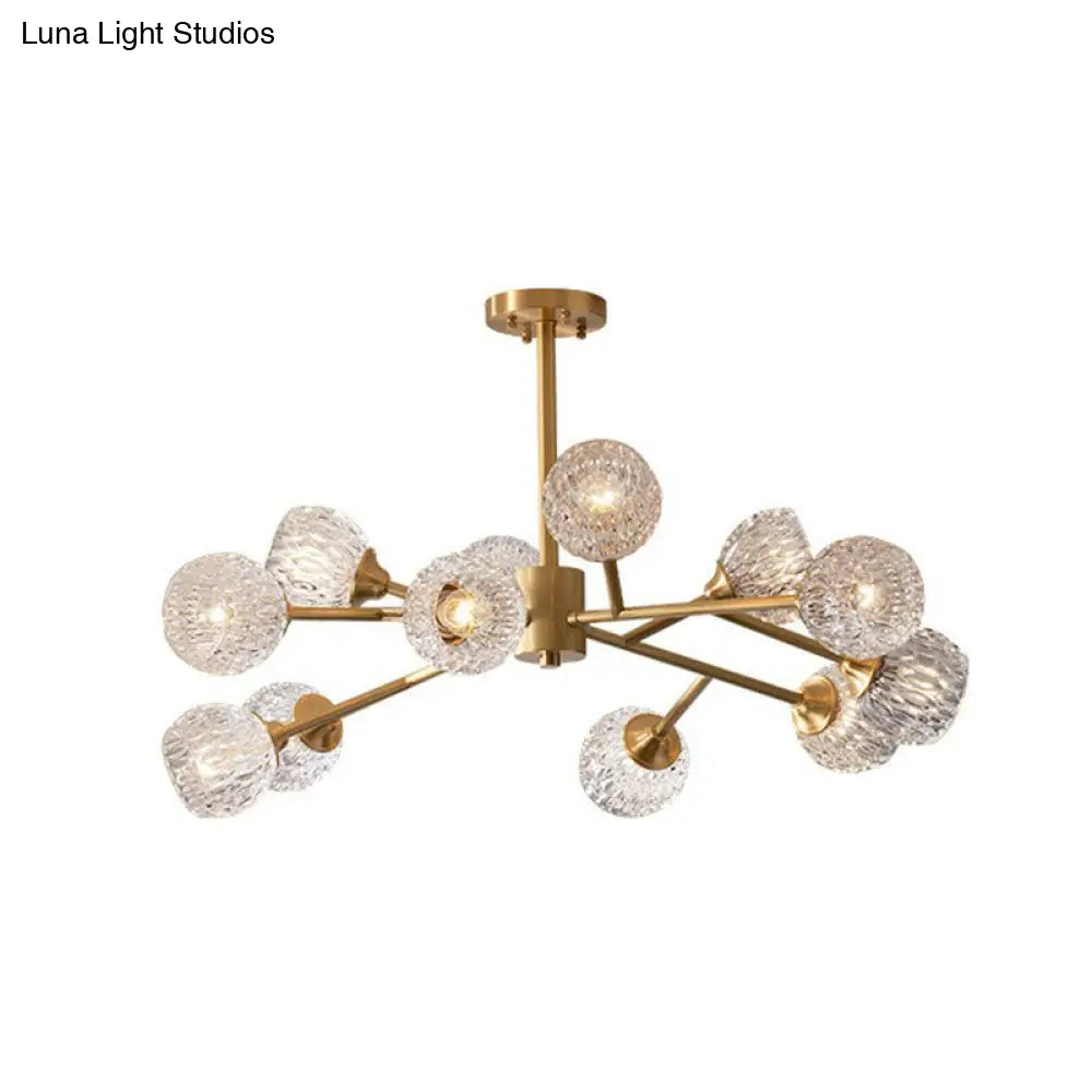Gold Finish Chandelier With Metallic Branch Design And Clear Crystal Shade