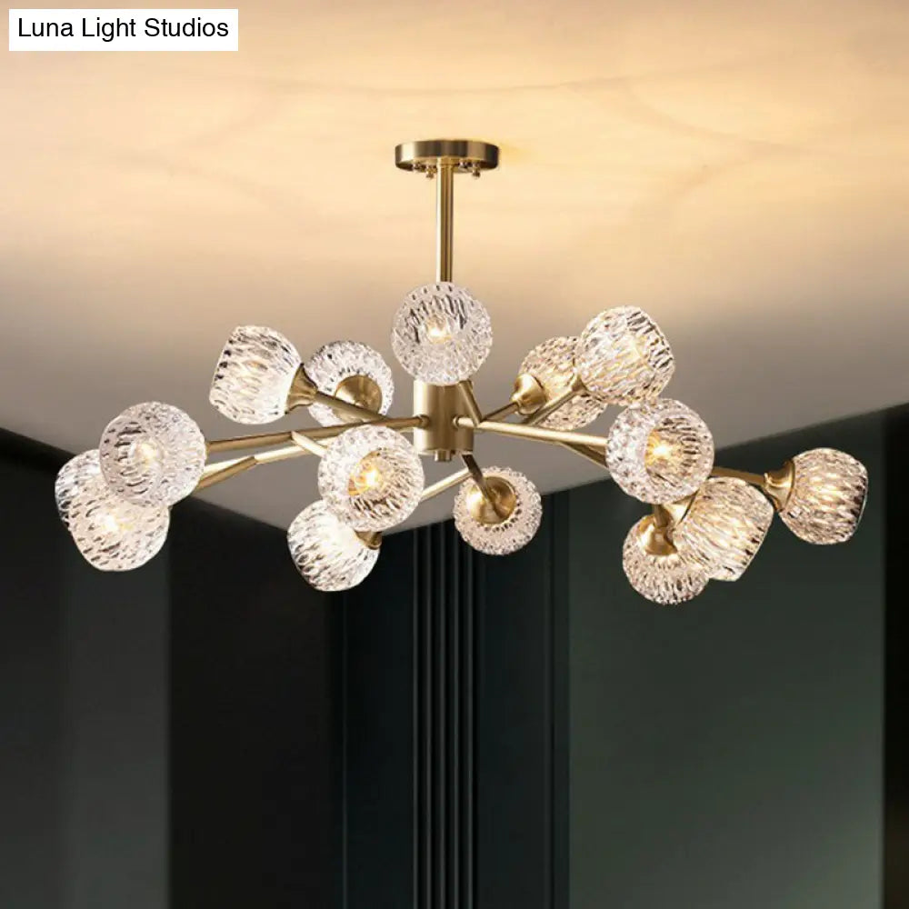Gold Finish Chandelier With Metallic Branch Design And Clear Crystal Shade