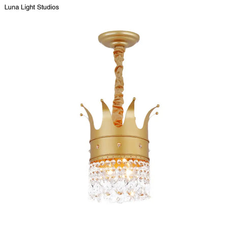 Gold Finish Crown Ceiling Chandelier - Kids 2/4/5 Bulbs Metal Suspension Light With Crystal Accent