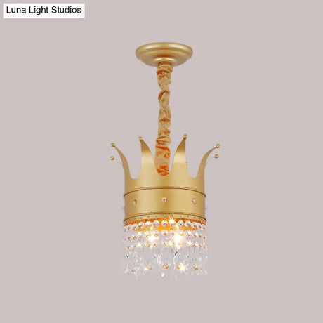 Gold Finish Crown Ceiling Chandelier - Kids 2/4/5 Bulbs Metal Suspension Light With Crystal Accent