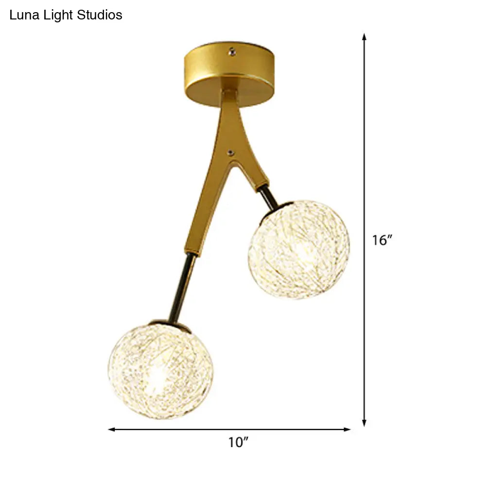 Gold Finish Handwoven Ball Semi Flush Light Fixture - Modern Ceiling Mount