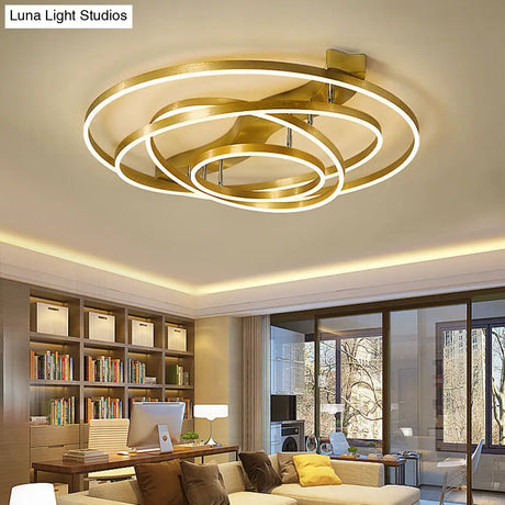 Gold Finish Ring Ceiling Mounted Led Semi Flush Light With Artistic Metal Detailing