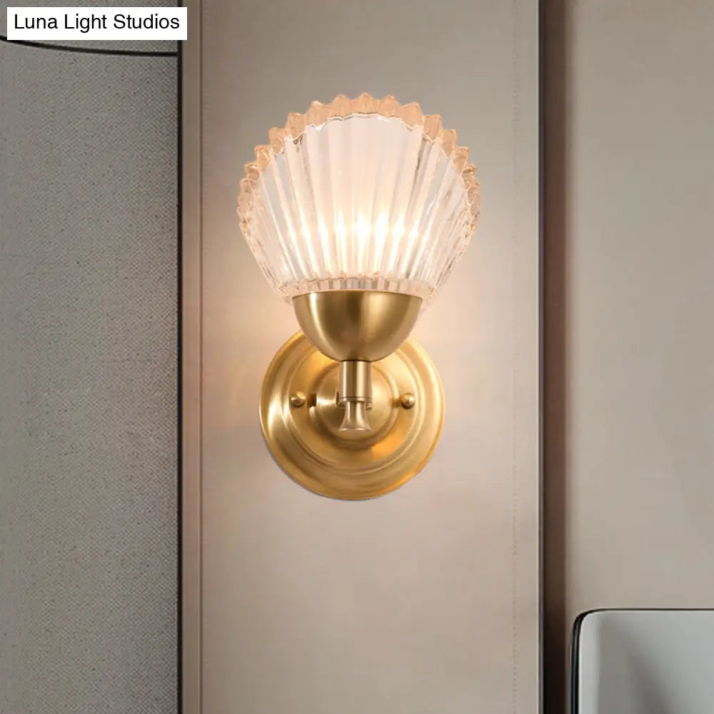 Gold Finish Shell-Shape Bedside Wall Mount Light With Frosted Glass - Contemporary Style Lamp