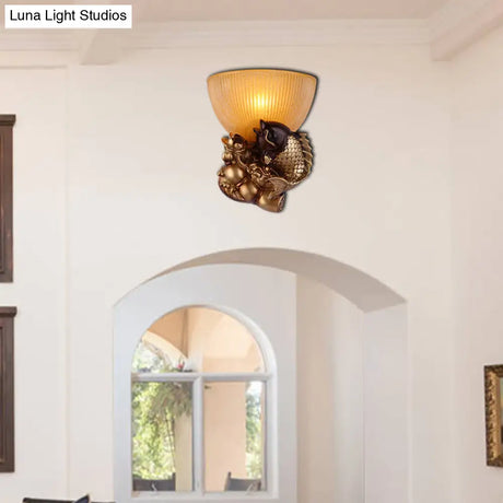 Gold Fish Lodge Style Wall Sconce With Ribbed Glass Shade - Bedroom Lighting