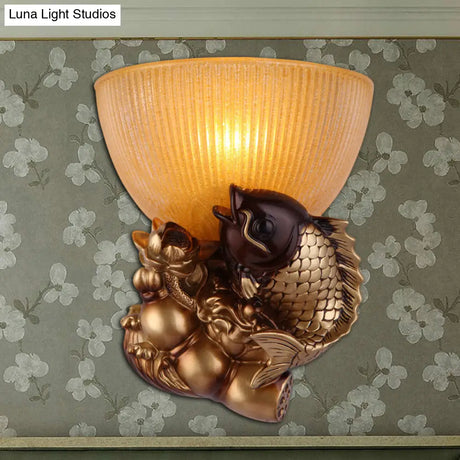 Gold Fish Lodge Style Wall Sconce With Ribbed Glass Shade - Bedroom Lighting