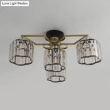 Gold Floral Cylinder Crystal Guest Room Semi Flush Ceiling Fixture (4/6/7-Light) - Minimalist Design