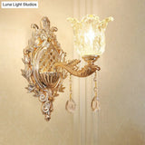 Gold Floral Glass Wall Light With Ruffled Shade - Bedroom Mounted Lamp