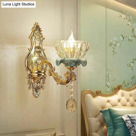 Gold Floral Glass Wall Mount Lamp - Traditional 2-Light Fixture For Corridor Lighting