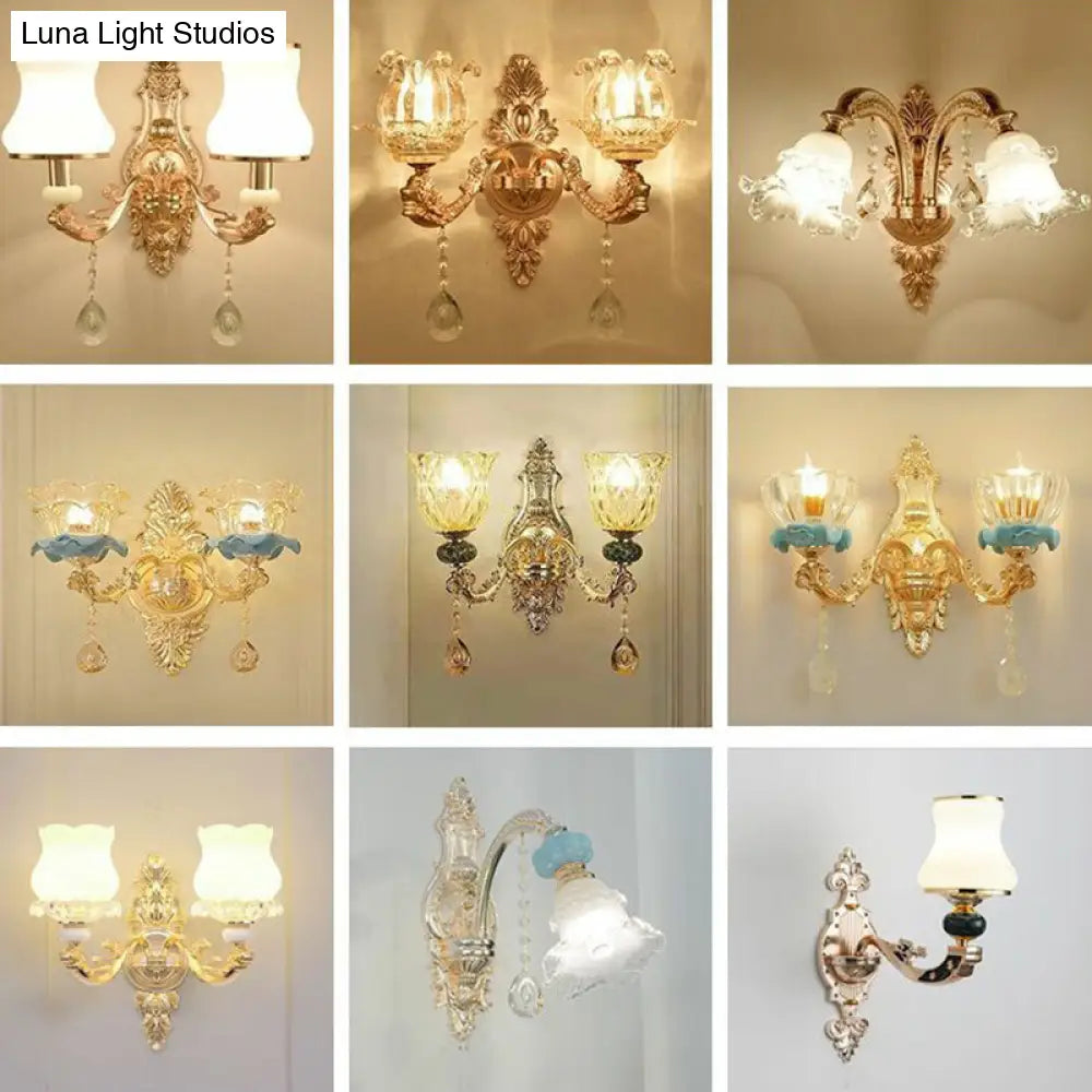 Gold Floral Glass Wall Mount Lamp - Traditional 2-Light Fixture For Corridor Lighting