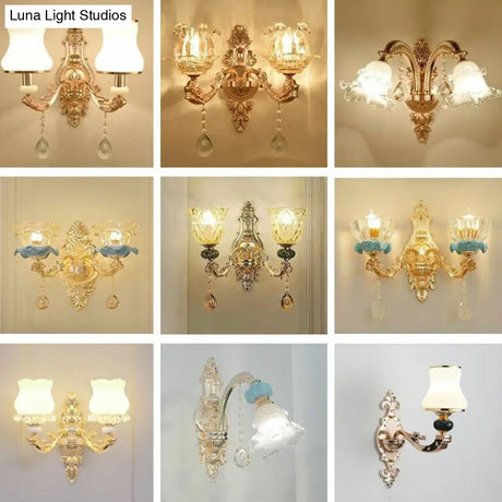 Gold Floral Glass Wall Mount Lamp - Traditional 2-Light Fixture For Corridor Lighting