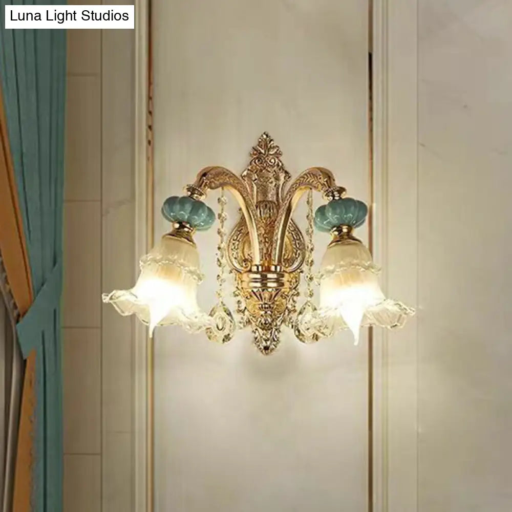 Gold Floral Glass Wall Mount Lamp - Traditional 2-Light Fixture For Corridor Lighting