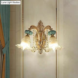 Gold Floral Glass Wall Mount Lamp - Traditional 2-Light Fixture For Corridor Lighting