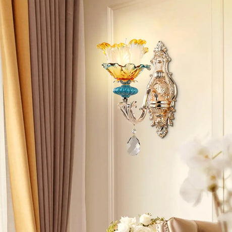Gold Flower Wall Mount Light With Crystal Draping And Ruffle Glass Fixture 1 /