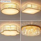 Gold Flush Mount Ceiling Lamp With Crystal Drum Shade For Modern Bedrooms