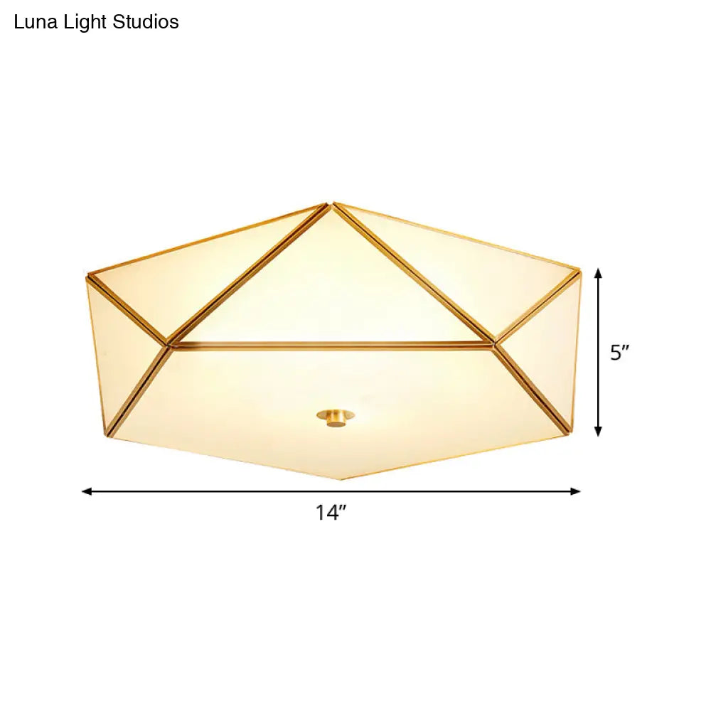 Gold Flush Mount Ceiling Light - Beveled Box Hotel Design Frosted White Glass Post - Modern Style