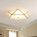 Gold Flush Mount Ceiling Light - Beveled Box Hotel Design Frosted White Glass Post - Modern Style