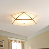 Gold Flush Mount Ceiling Light - Beveled Box Hotel Design Frosted White Glass Post - Modern Style