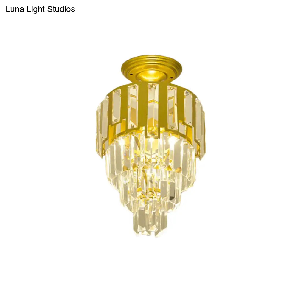 Gold Flush-Mount Crystal Rods Post-Modern Semi Flush Ceiling Light Fixture 4-Tier Taper Design