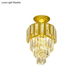 Gold Flush-Mount Crystal Rods Post-Modern Semi Flush Ceiling Light Fixture 4-Tier Taper Design