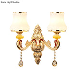 Gold Frosted Glass Flower Wall Mount Light With Crystal Draping - Traditional Corridor Fixture